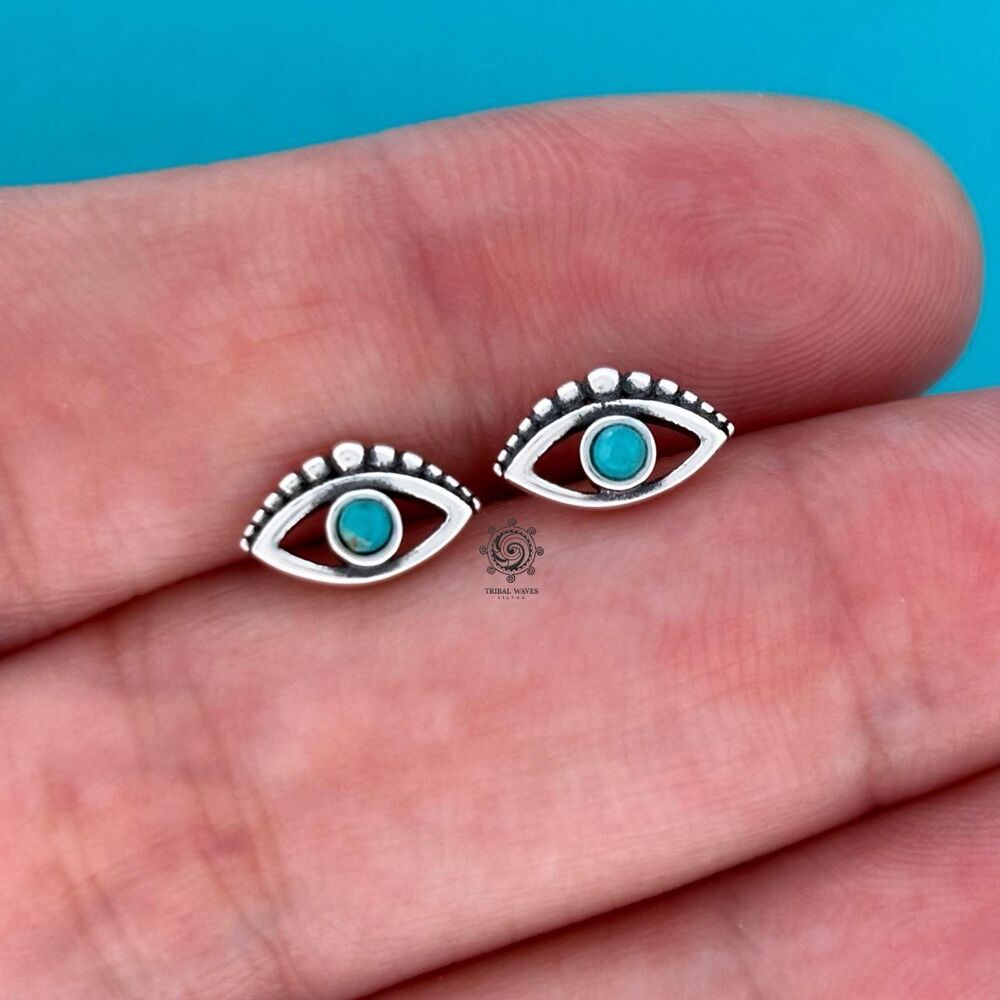 Genuine Turquoise stone Evil Eye Sterling Silver Stud Earrings
